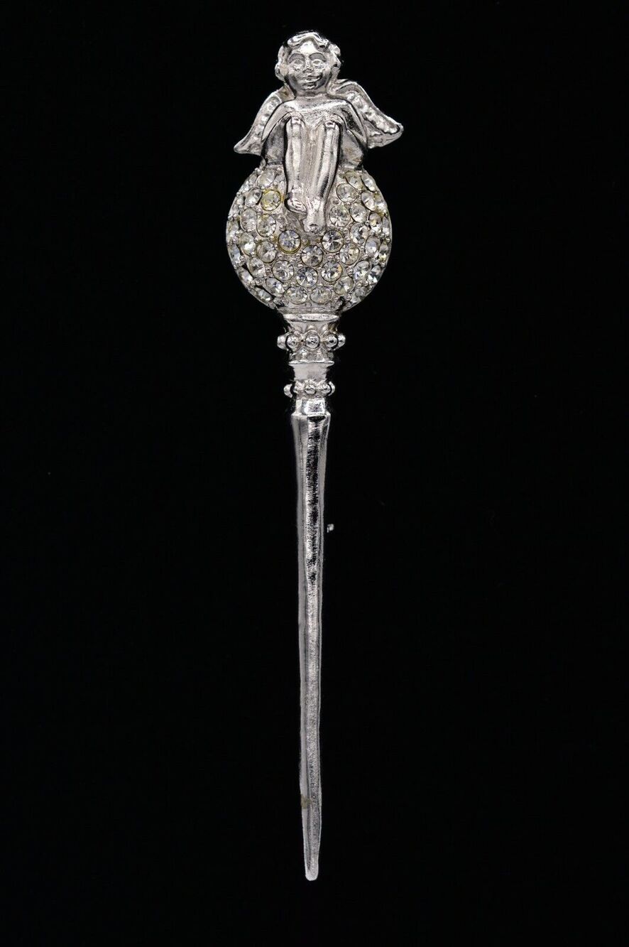 Karl Lagerfeld 4" Sceptre Pin Brooch Angel Cherub Angel Crystal Signed 90s BinJ